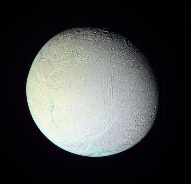 This image from NASA's Cassini spacecraft of Saturn's moon Enceladus, shows the bluish appearance of the southern 'tiger stripe' features and other relatively youthful fractures attributable to larger grain sizes of relatively pure ice.