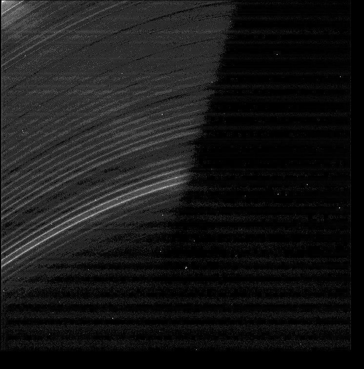 This view is part of a montage of images from NASA's Cassini and Voyager missions. This image shows the region between the D ring feature named D73 and the inner edge of the C-ring.