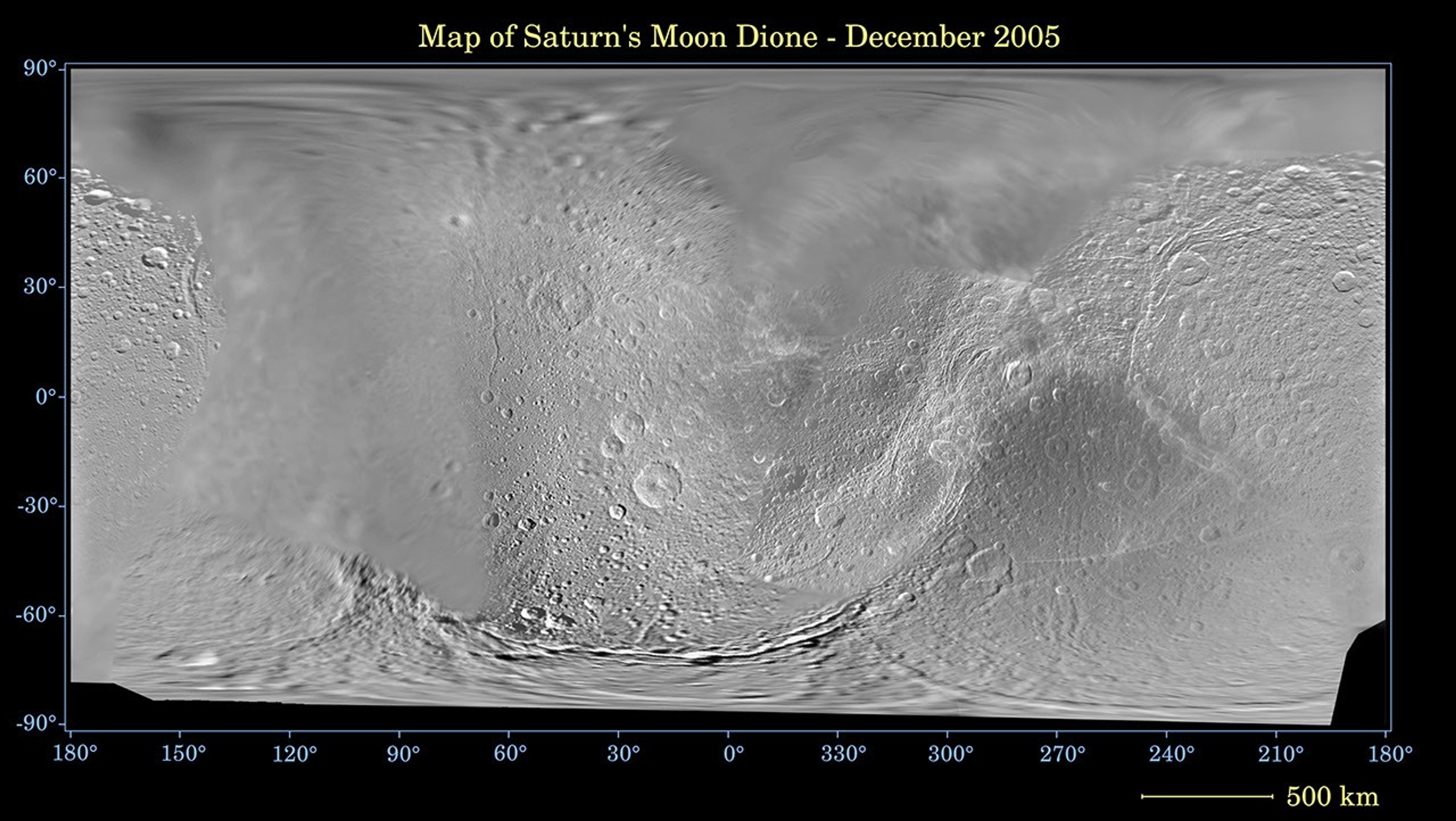 This global digital map of Saturn's moon Dione was created using data taken during NASA's Cassini and Voyager spacecraft flybys.