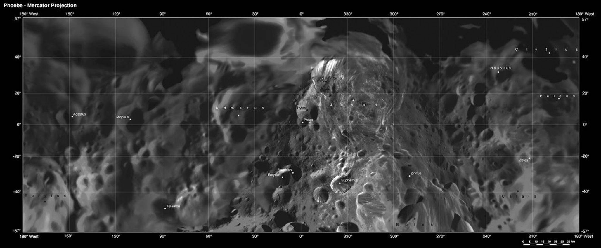 This map is part of a group release of Mercator and polar stereographic projections of Saturn's moon Phoebe. This global digital map of Phoebe was created using data taken during NASA's Cassini spacecraft's close flyby of the small moon in June 2004.