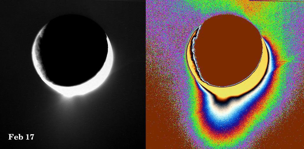 Plumes of icy material extend above the southern polar region of Saturn's moon Enceladus as imaged by NASA's Cassini spacecraft in February 2005. The monochrome view is presented along with a color-coded version on the right.