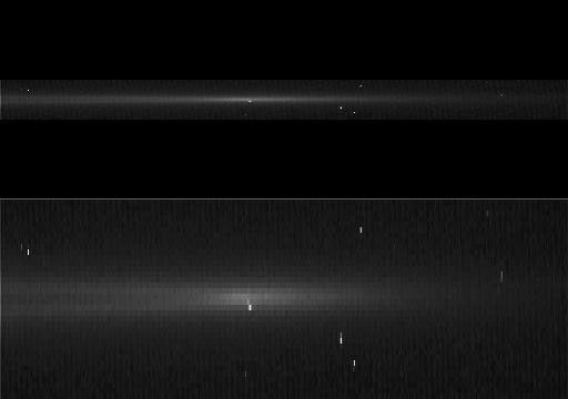 This frame from a movie shows a bright arc of material flashing around the edge of Saturn's G ring, a tenuous ring outside the main ring system. The images were acquired by NASA's Cassini spacecraft's narrow-angle camera on April 25, 2006.
