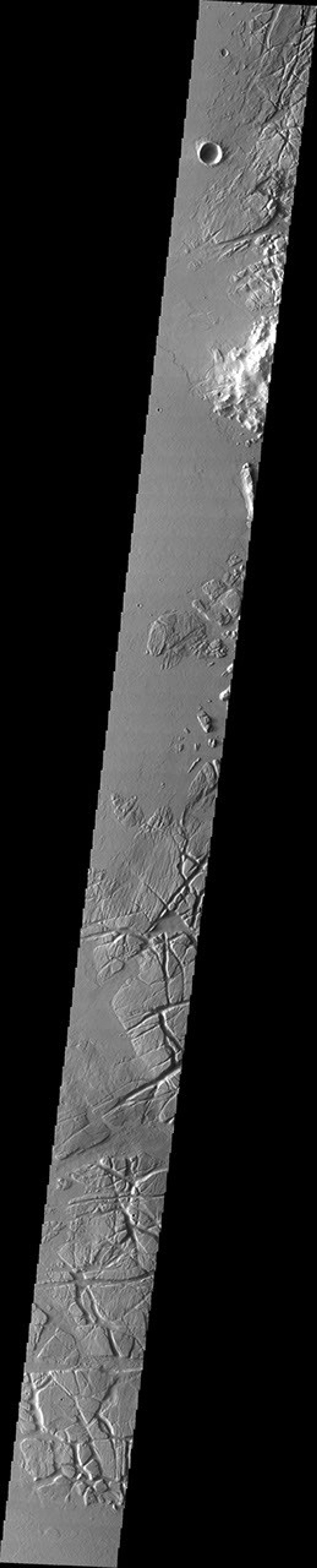 This image taken by NASA's Mars Odyssey shows the eastern part of the Tharsis region on Mars; fractured materials on the right are embayed by younger volcanic flows originating to the west.