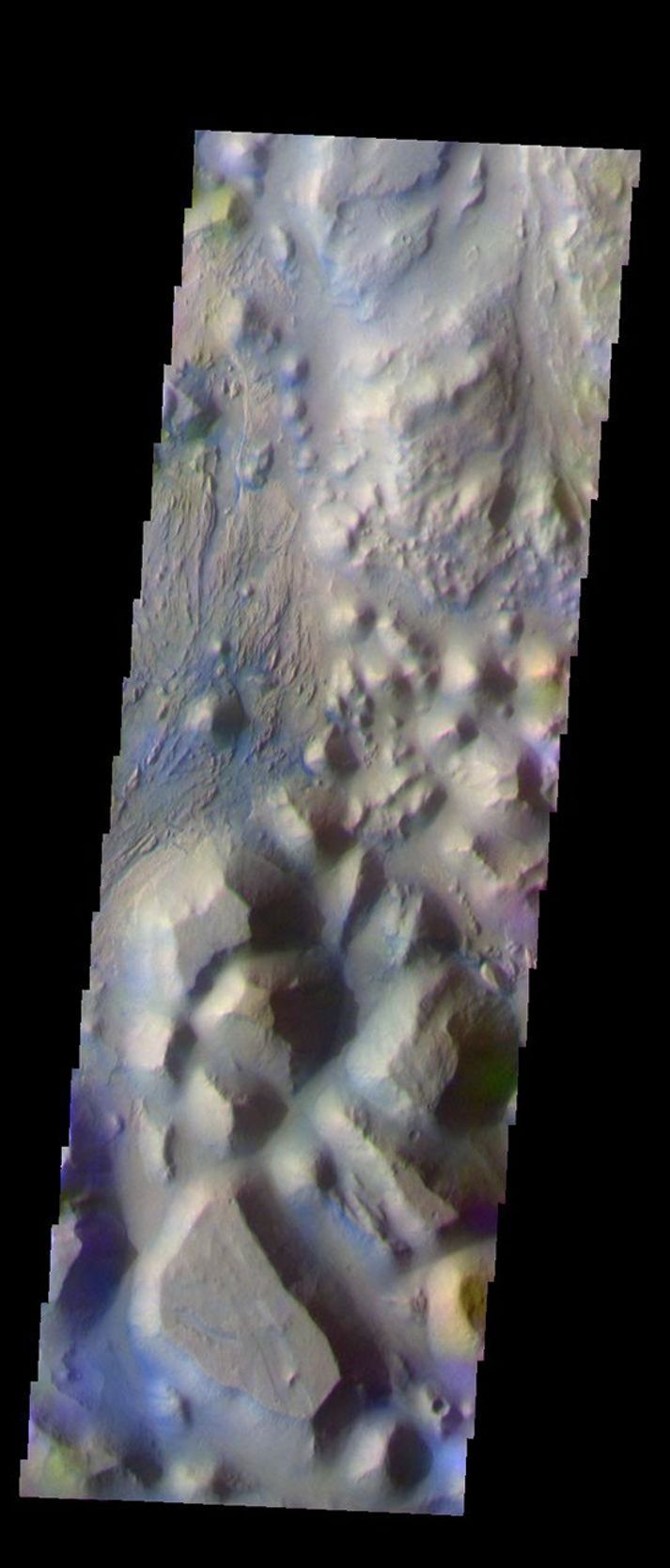 This false-color image from NASA's Mars Odyssey spacecraft shows a portion of the Iani Chaos region that was collected during the Mars' southern fall season.