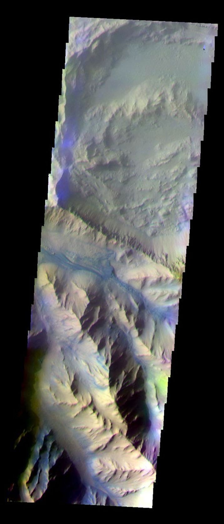 This false-color image from NASA's Mars Odyssey spacecraft shows part of the central ridge in Coprates Chasma, taken during Mars' southern fall season.