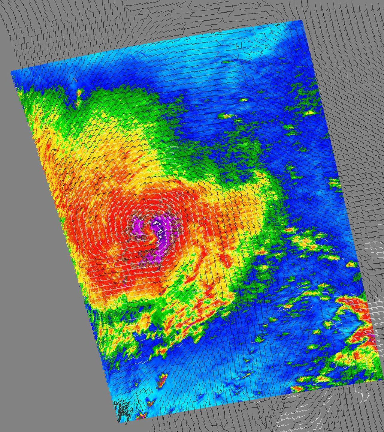 Typhoon Haitang is shown here churning steadily towards Taiwan and China. This image shows the storm's swirling wind patterns as observed by NASA's QuikScat satellite on July 14, 2005, at 19:19 UTC (14:19 Eastern Daylight Time).