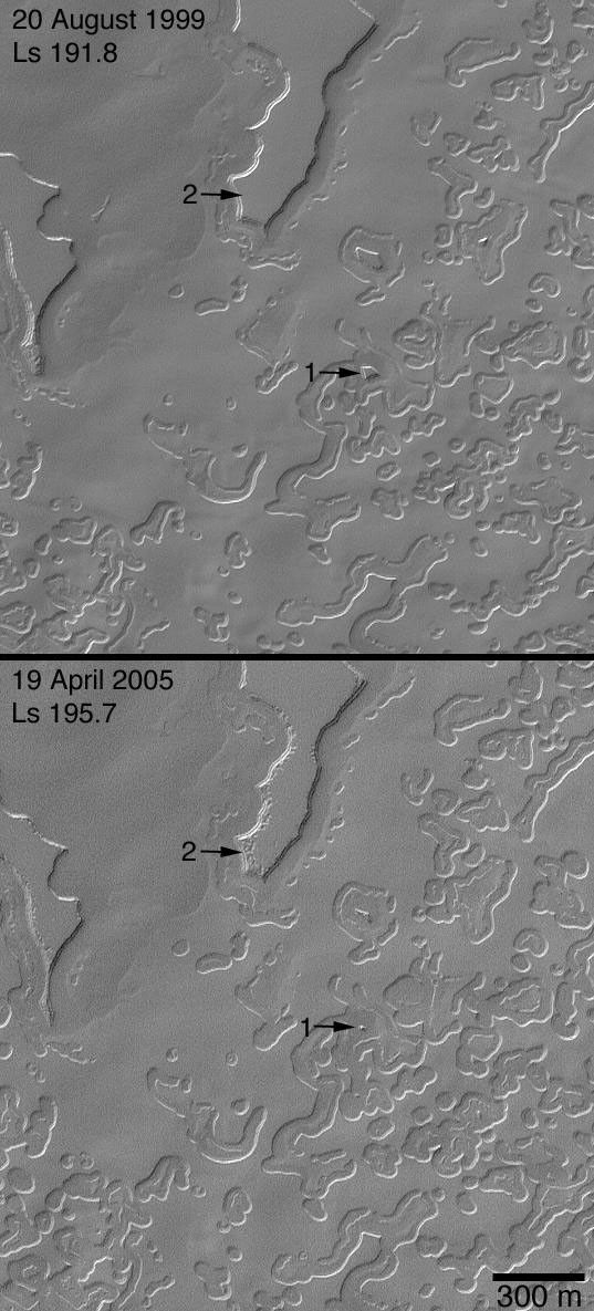 NASA's Mars Global Surveyor shows a portion of the martian south polar cap, which is composed of frozen, layered, carbon dioxide.