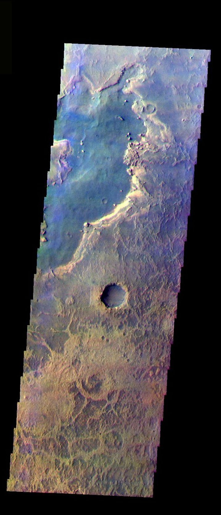 This false-color image from NASA's Mars Odyssey spacecraft shows one portion of the surface in the Meridiani region, taken during Mars' northern spring season.