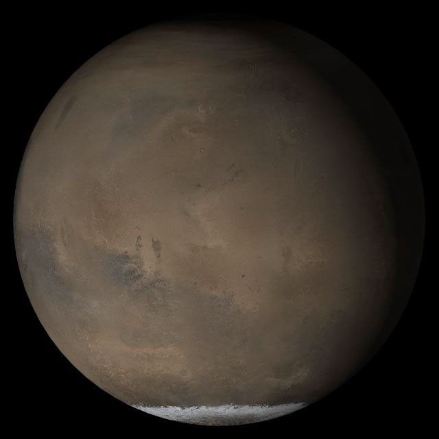 This composite of Mars Global Surveyor daily global images acquired at Ls 211° during a previous Mars year shows the Elysium/Mare Cimmerium face of Mars. This month, Mars looks similar, as Ls 211° occurred in mid-May 2005.