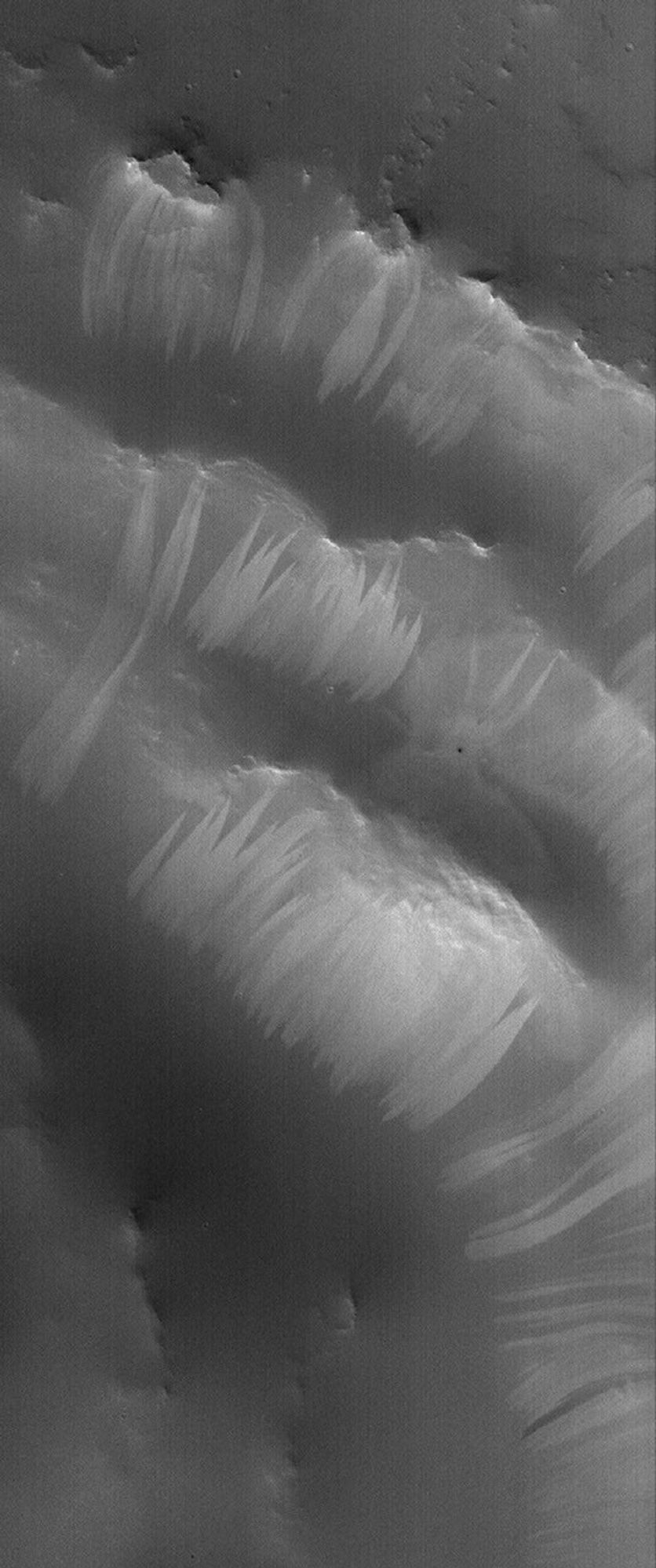 This image from NASA's Mars Global Surveyor shows a portion of the stair-stepped, north wall of a crater in Arabia Terra.
