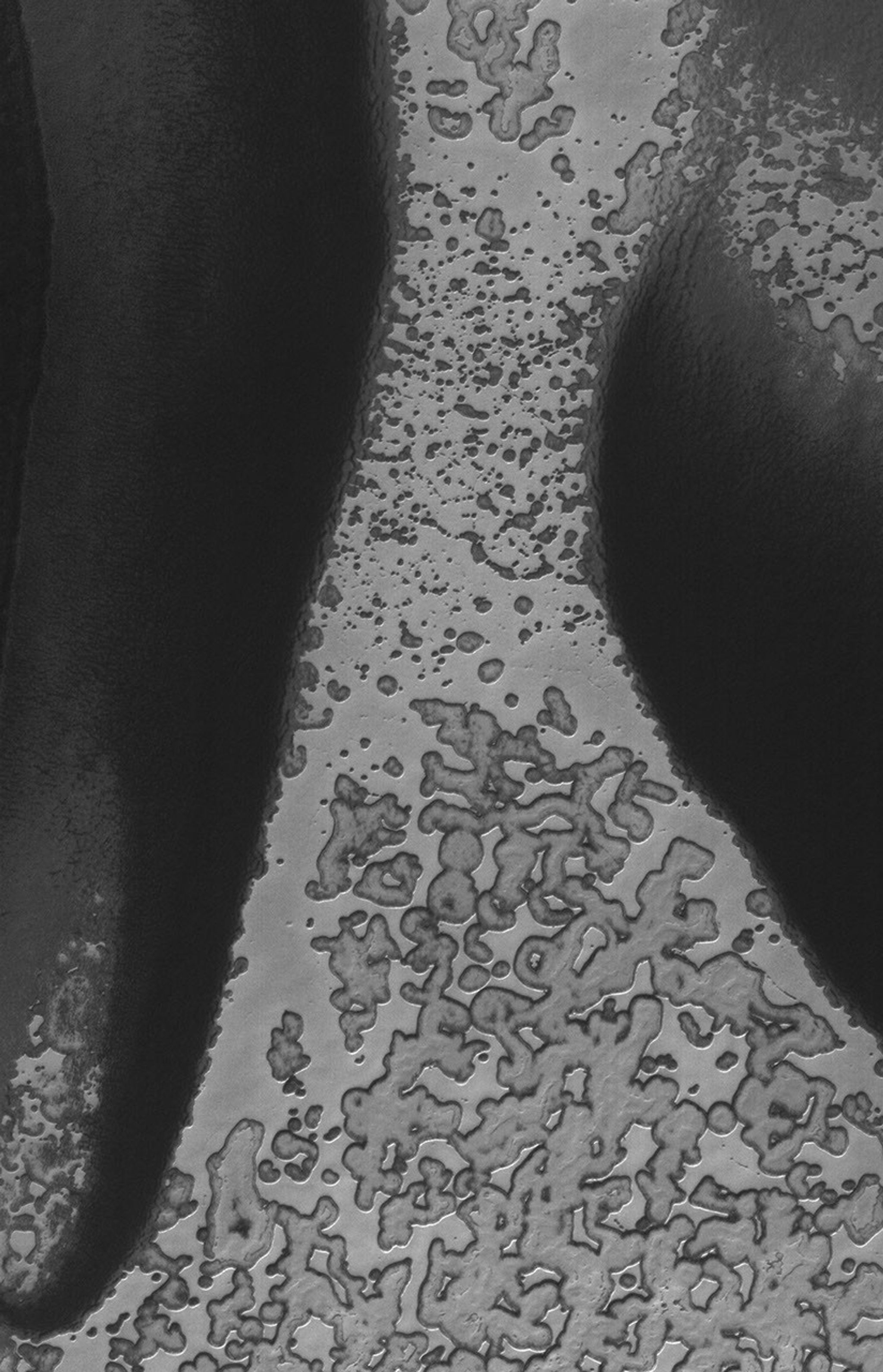 This NASA Mars Global Surveyor image shows a portion of the south polar residual cap of Mars. The bright, relatively homogeneous-appearing material extending from top (north) to bottom (south) is mainly composed of solid carbon dioxide.