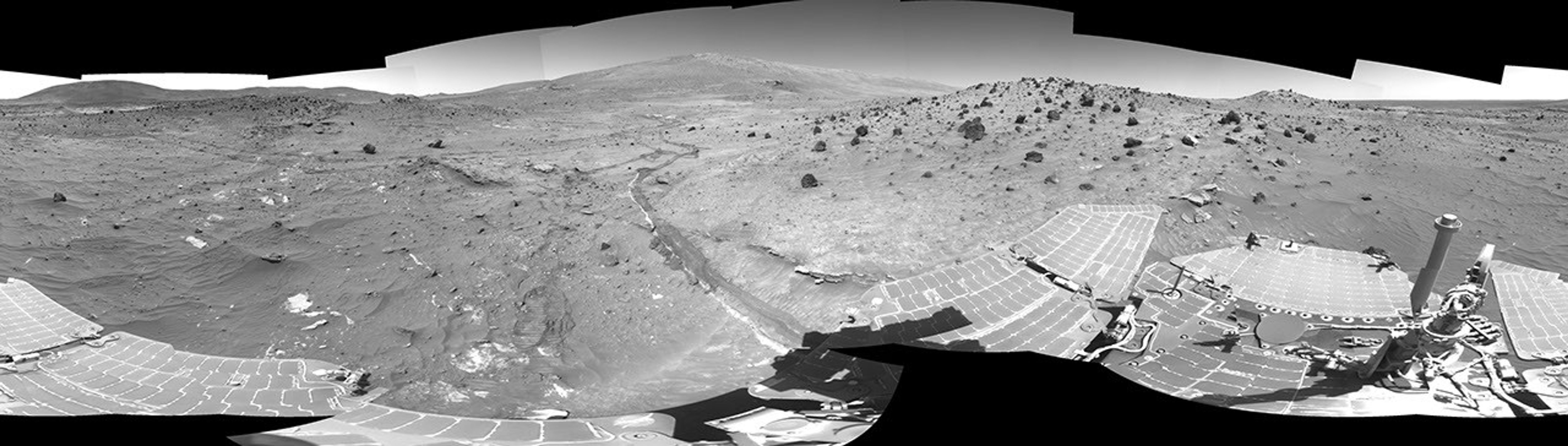 In time to survive the Martian winter, NASA's Mars Exploration Rover Spirit has driven to and parked on a north-facing slope in the 'Columbia Hills.' Spirit acquired the images in this mosaic on April 11, 2006.