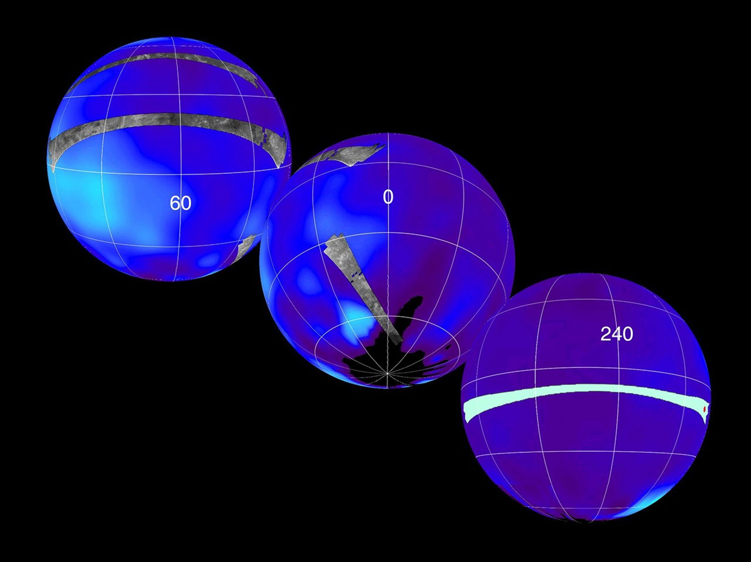These three radar passes from NASA's Cassini spacecraft taken on Sept. 7, 2005 reveal a variety of geologic features, including impact craters, wind-blown deposits, channels, and cryovolcanic features.