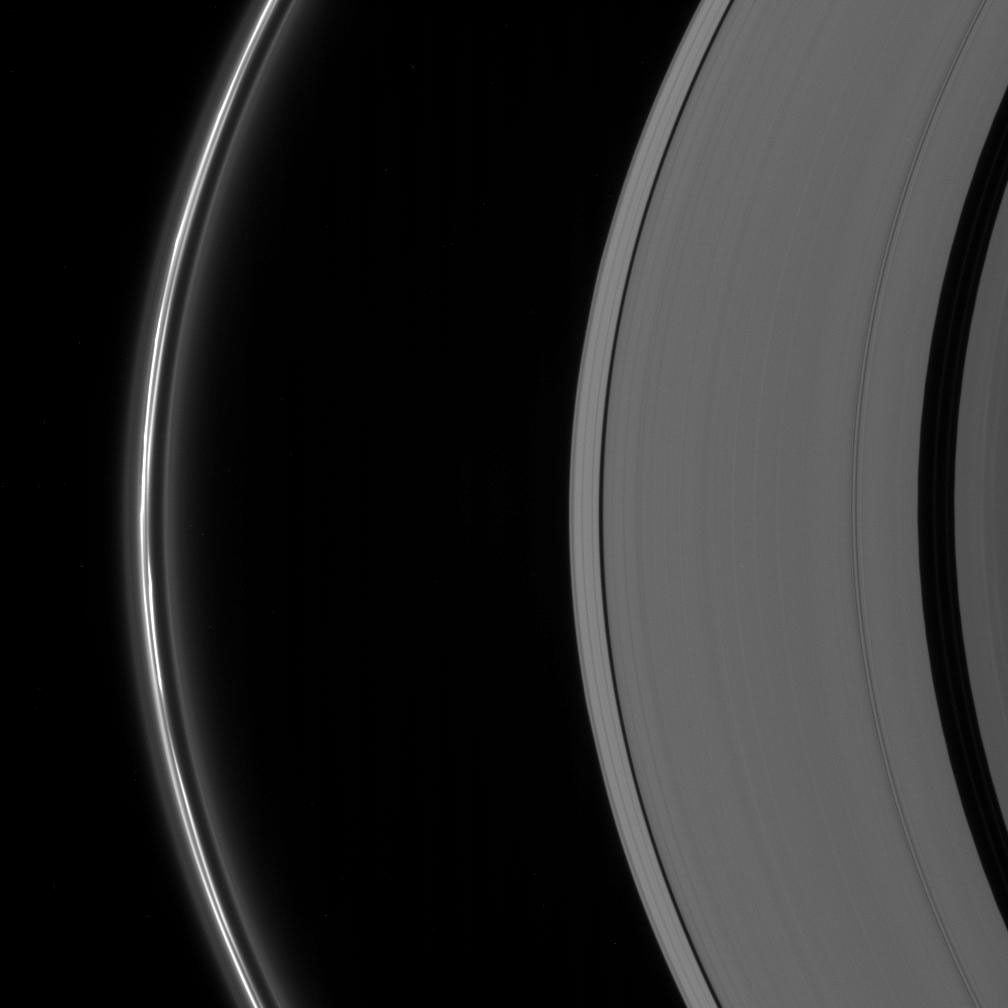 This image from NASA's Cassini spacecraft shows the clumpy disturbed appearance of the brilliant F ring. The irregular structure of the ring is due to the gravitational perturbations on the ring material by one of Saturn's moons, Prometheus.