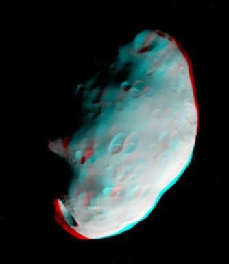Craters on Saturn's moon Pandora exhibit clarity and depth in this anaglyph from NASA's Cassini spacecraft. 3D glasses are necessary to view this image.