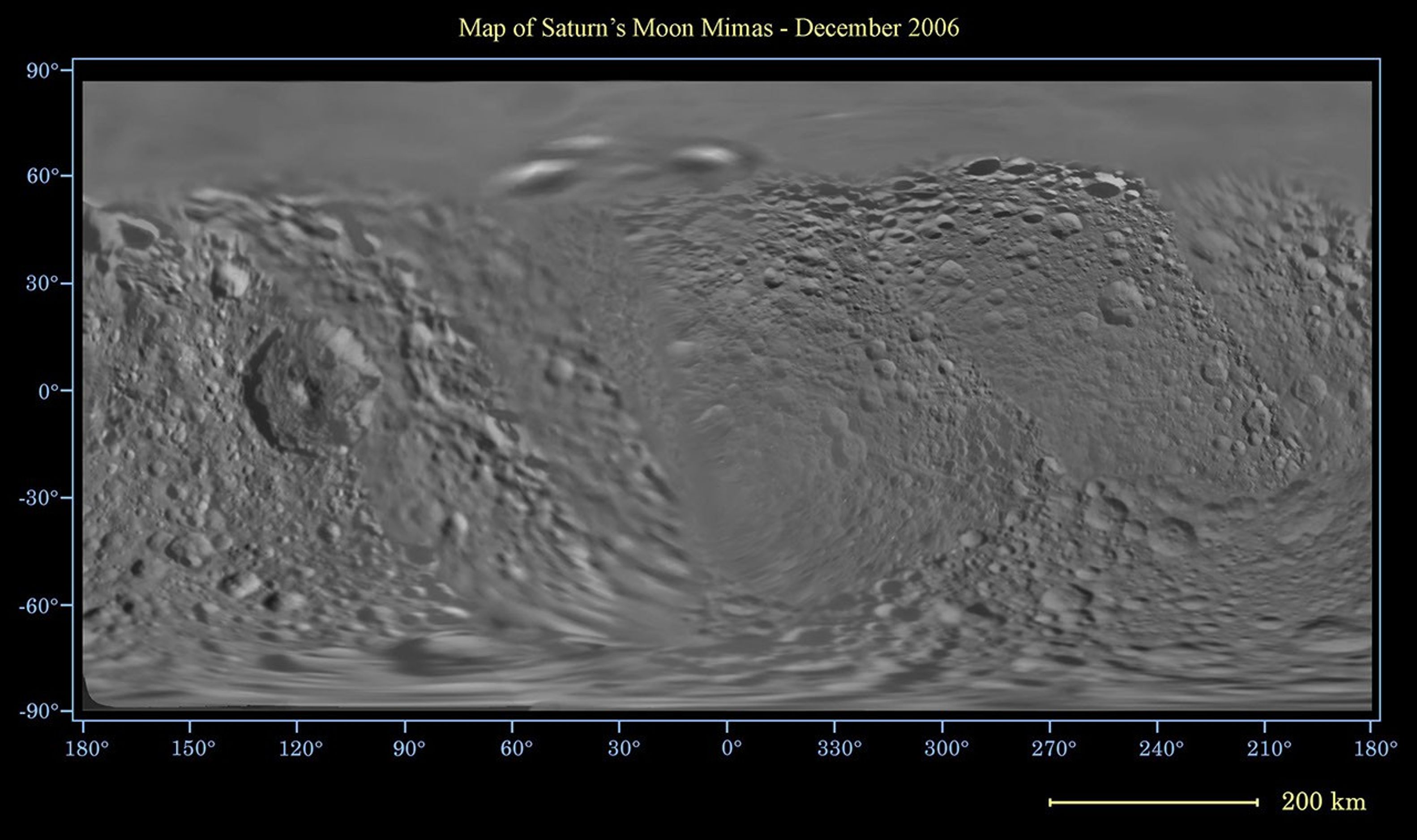 This global digital map of Saturn's moon Mimas was created using data taken by NASA's Cassini spacecraft, with gaps in coverage filled in by NASA's Voyager spacecraft data