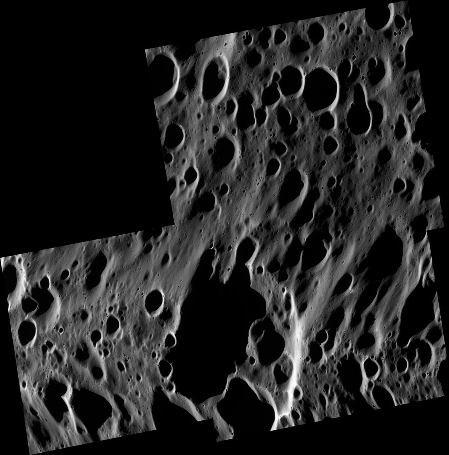 This high-resolution view shows a vast range of crater sizes in the dark terrain of the leading hemisphere of Saturn's moon Iapetus. This image was taken by NASA's Cassini spacecraft on Sept. 10, 2007.