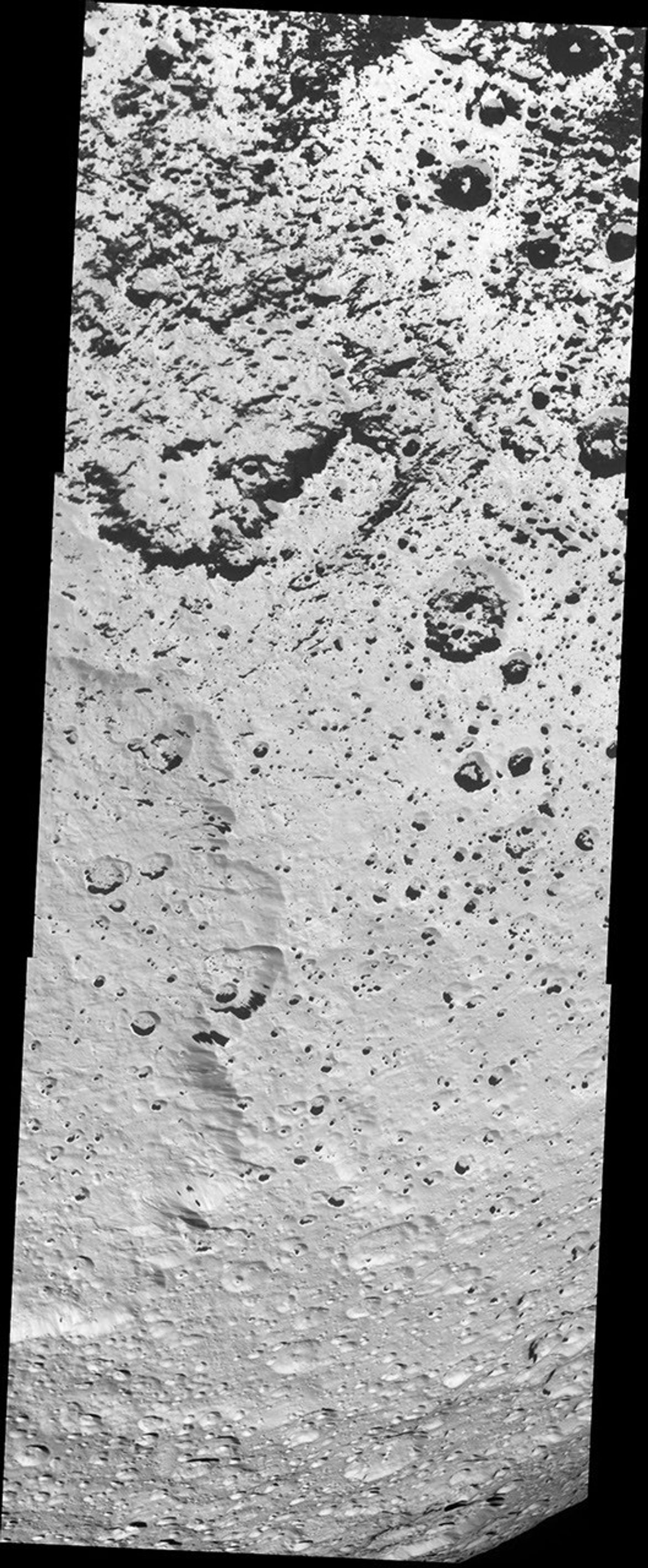 NASA's Cassini spacecraft sees dark material has coated the low-elevation terrain and the interiors of craters in the southern portions of the quadrant on Iapetus that faces away from Saturn.