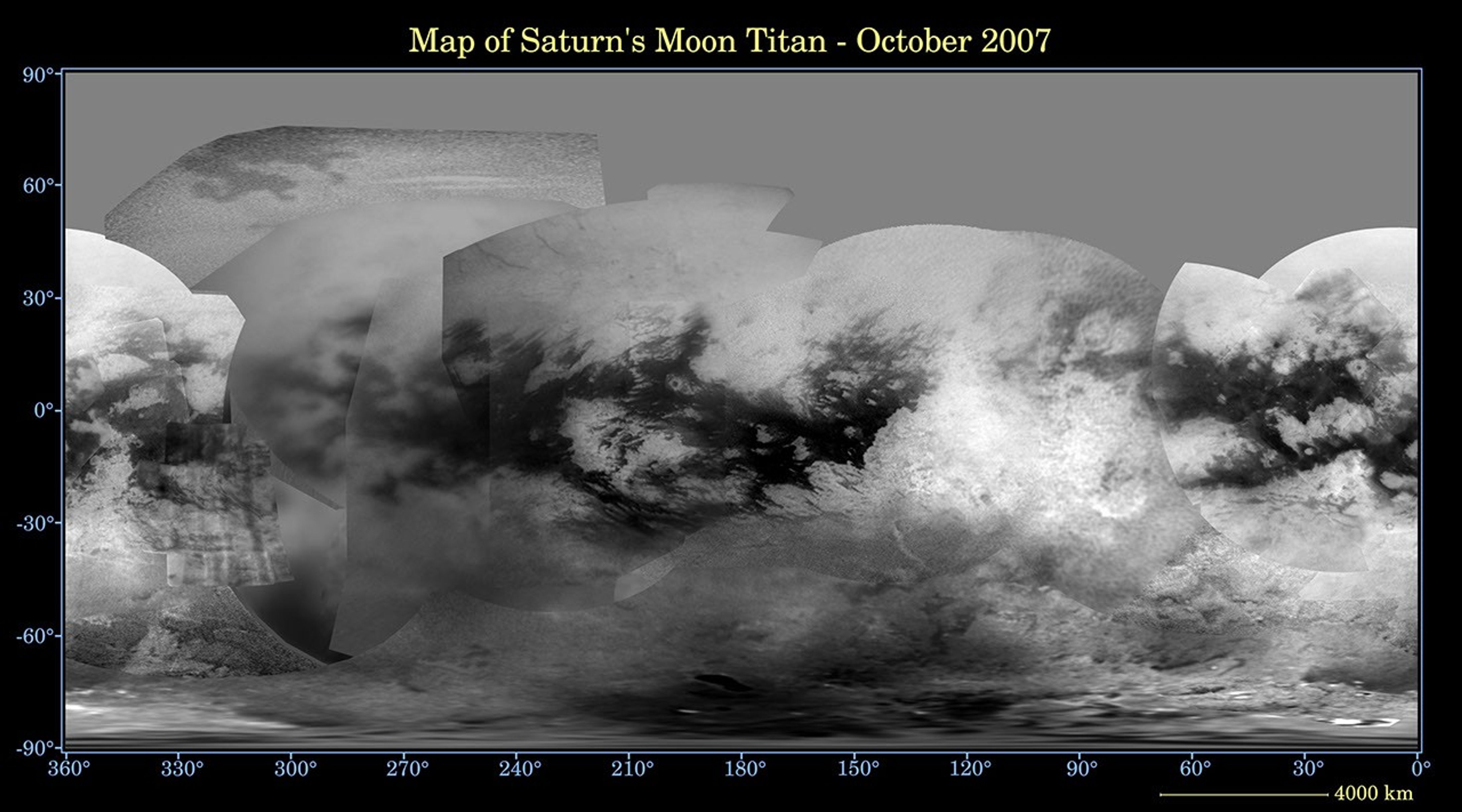 This global digital map of Titan was created using images from NASA's Cassini spacecraft's imaging science subsystem. Images were filter centered at 938 nanometers, allowing researchers to examine albedo variations across the surface of Titan.