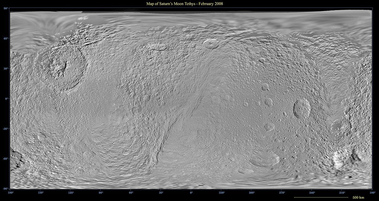 This global map of Saturn's moon Tethys was created using images taken during NASA's Cassini spacecraft's flybys, with Voyager images filling in the gaps in Cassini's coverage.