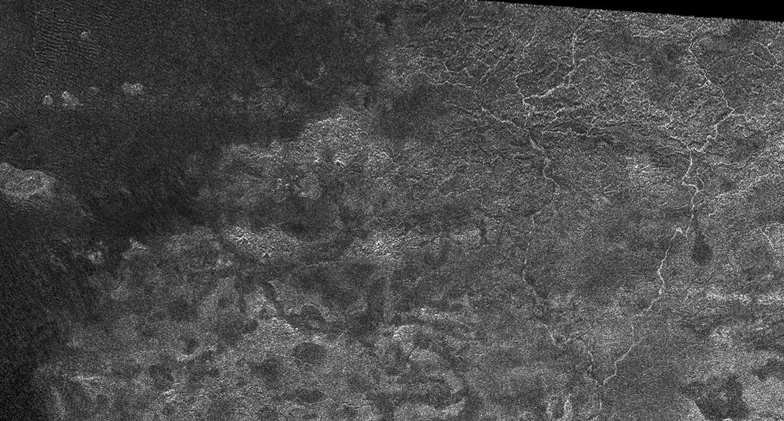 This image from the Synthetic Aperture Radar instrument on NASA's Cassini spacecraft shows the radar-bright western margin of Xanadu, one of the most prominent features on Titan.