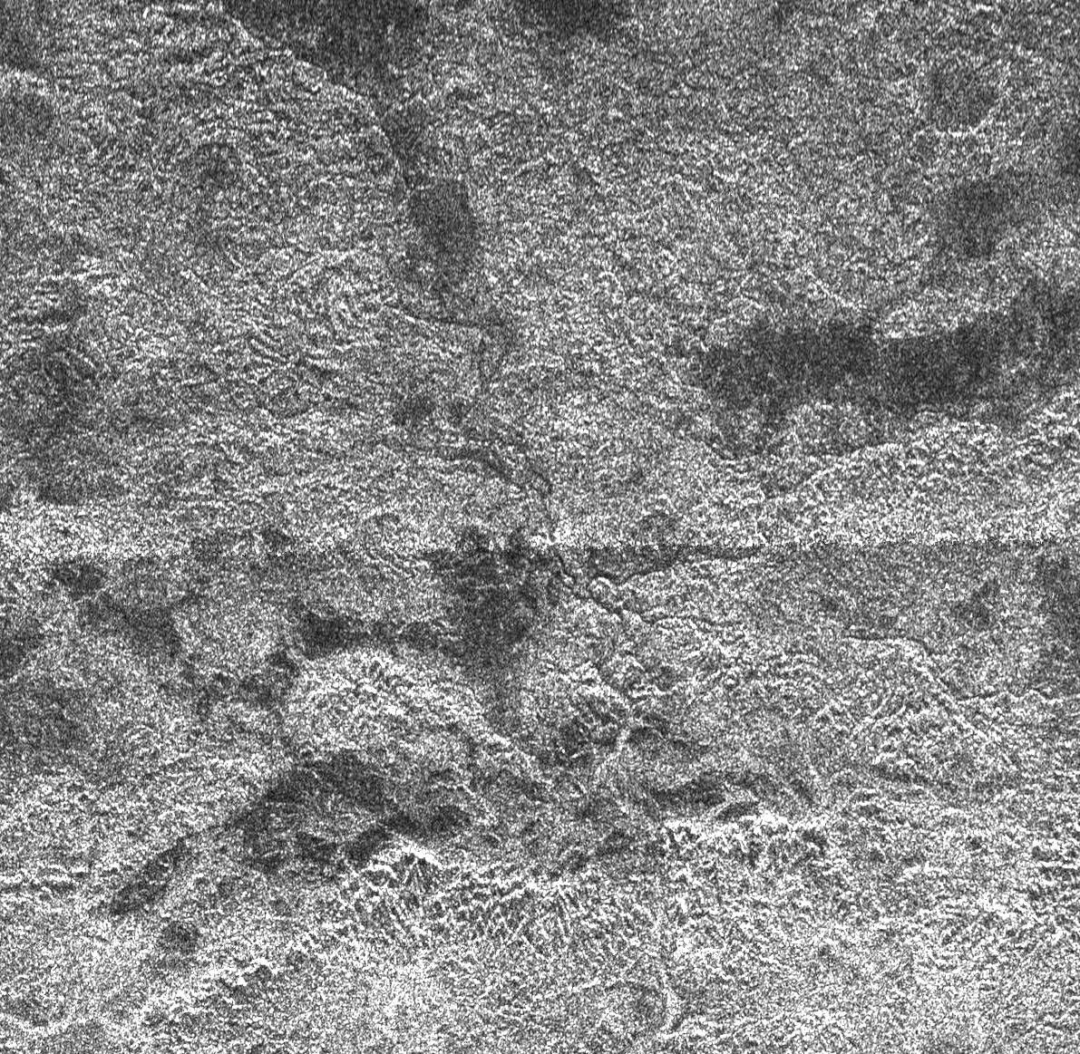 This complex area of hilly terrain and erosional channels is located atop Xanadu, the continent-sized region on Saturn's moon Titan. This image was captured by NASA's Cassini Titan Radar Mapper on April 30, 2006.