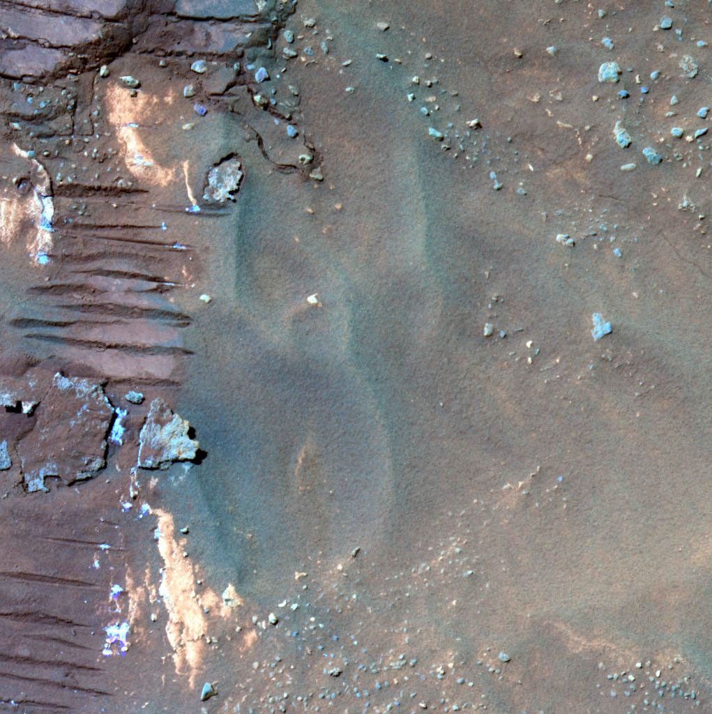 NASA's Mars Global Surveyor shows a particularly bright-looking part of the rock Halley, on Mars. Chemical composition of the bright spots is suggestive of a calcium sulfate mineral.