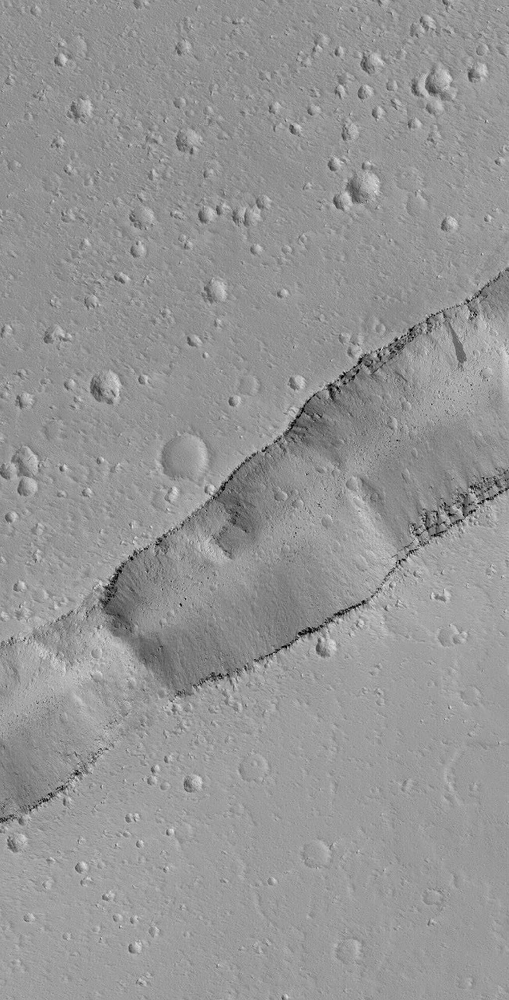 NASA's Mars Global Surveyor shows a portion of a trough cutting across a dust-covered plain in the Labeatis Fossae region of Mars. Boulders derived from the layered exposures near the top of the trough walls are resting on the floor.