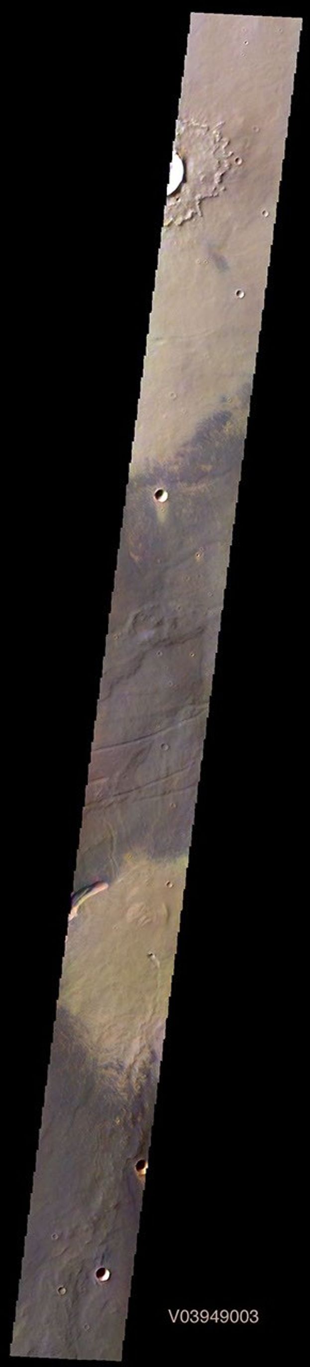 This image shows part of Syria Planum on Mars as seen by NASA's 2001 Mars Odyssey spacecraft.