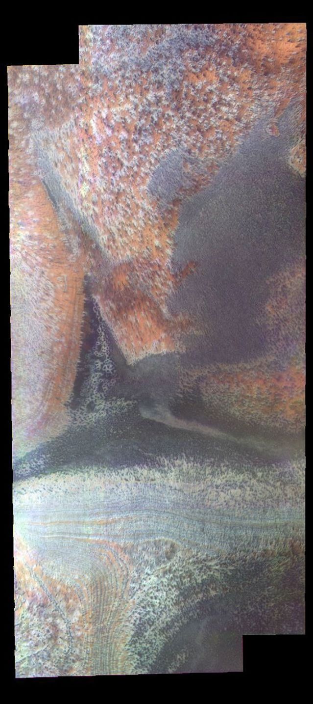 This image shows part of the south polar region on Mars as seen by NASA's 2001 Mars Odyssey spacecraft.