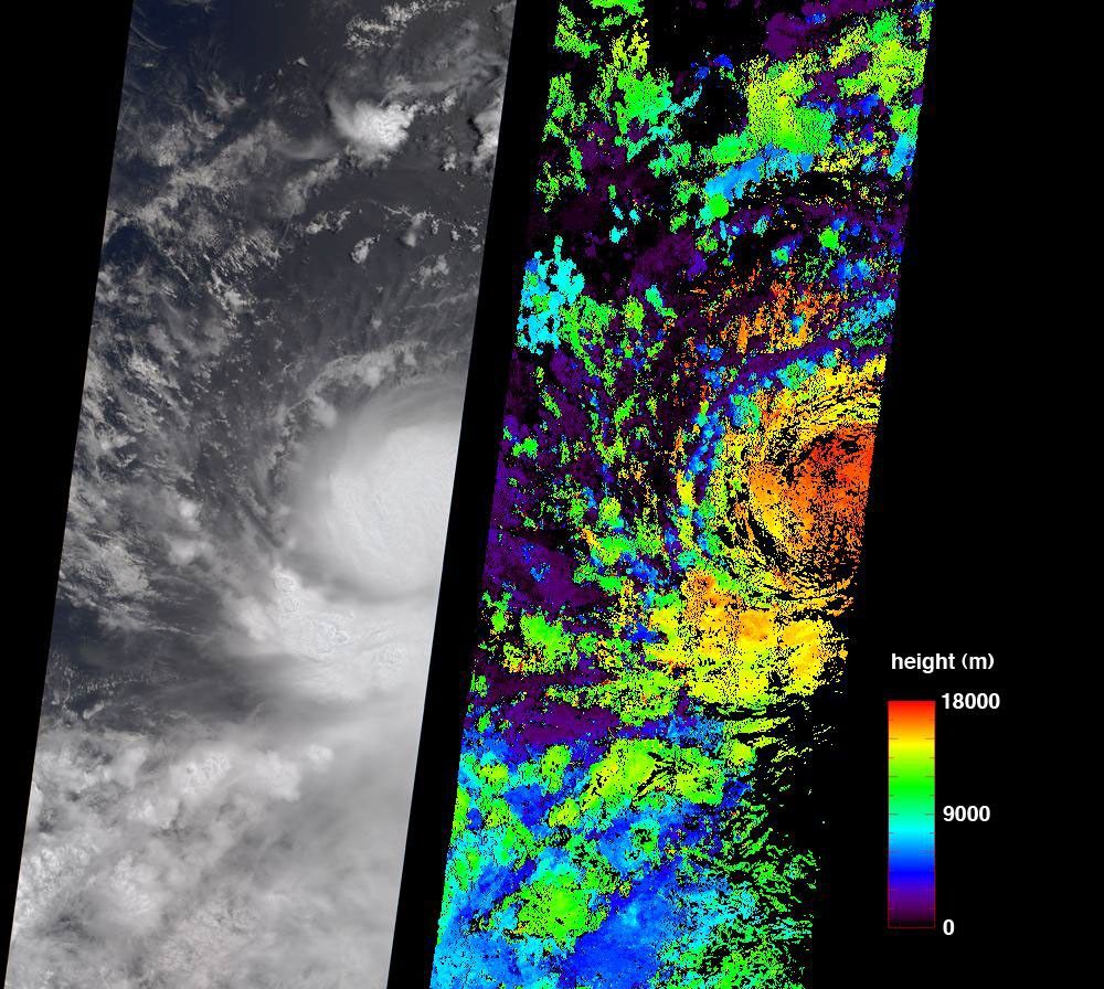 These July 11, 2006 images from NASA's Terra Satellite show then Tropical Storm Bud as it was intensifying into a hurricane, which it became later that day.