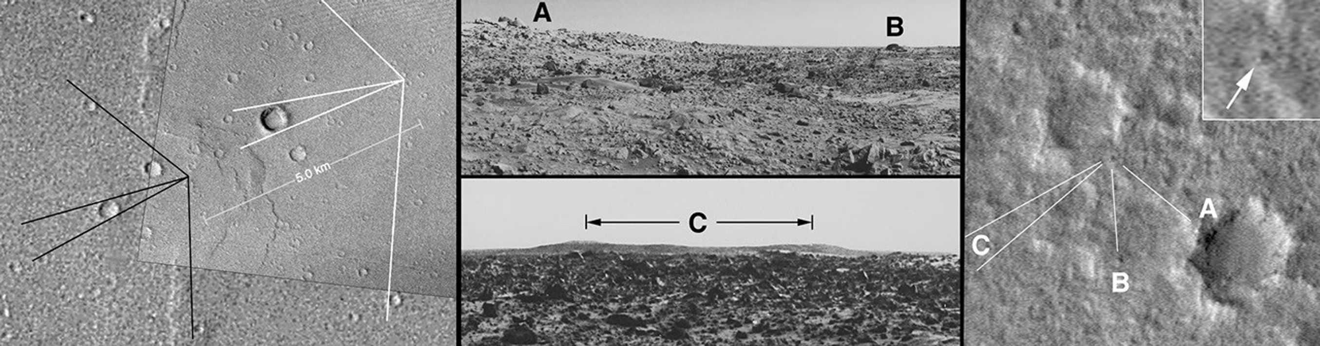 NASA's Mars Global Surveyor shows the Viking 1 lander in its western Chryse Planitia landing site on Mars where it landed on 20 July 1976.