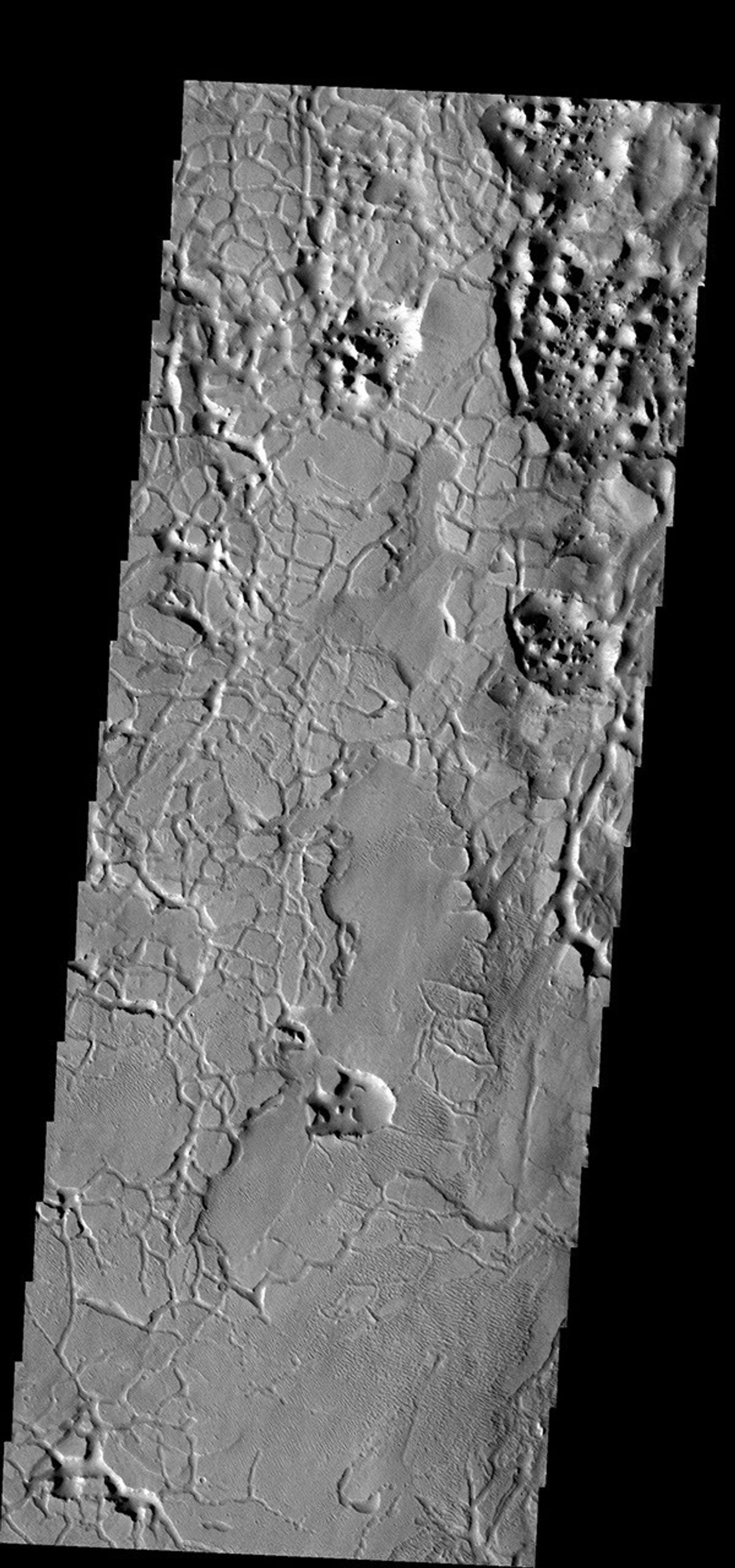 The materials in this region are cracked into individual pieces that with time weather into chaos terrain. This image is located on the southernmost border of Elysium Planitia on Mars as seen by NASA's Mars Odyssey spacecraft.