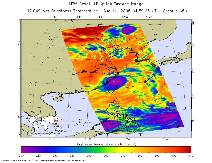 This is an infrared image of Typhoon Saomai from the Atmospheric Infrared Sounder (AIRS) onboard NASA's Aqua satellite on August 10, 2006.