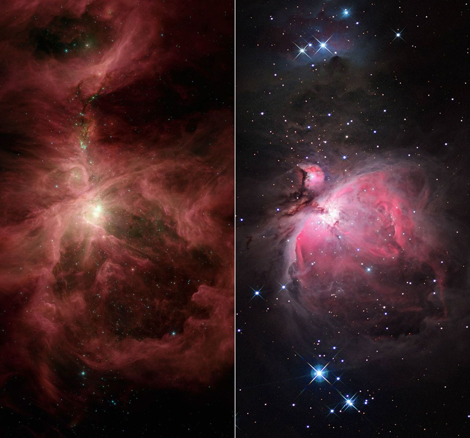 NASA's Spitzer Space Telescope and the National Optical Astronomy Observatory compare infrared and visible views of the famous Orion nebula and its surrounding cloud, an industrious star-making region located near the hunter constellation's sword.
