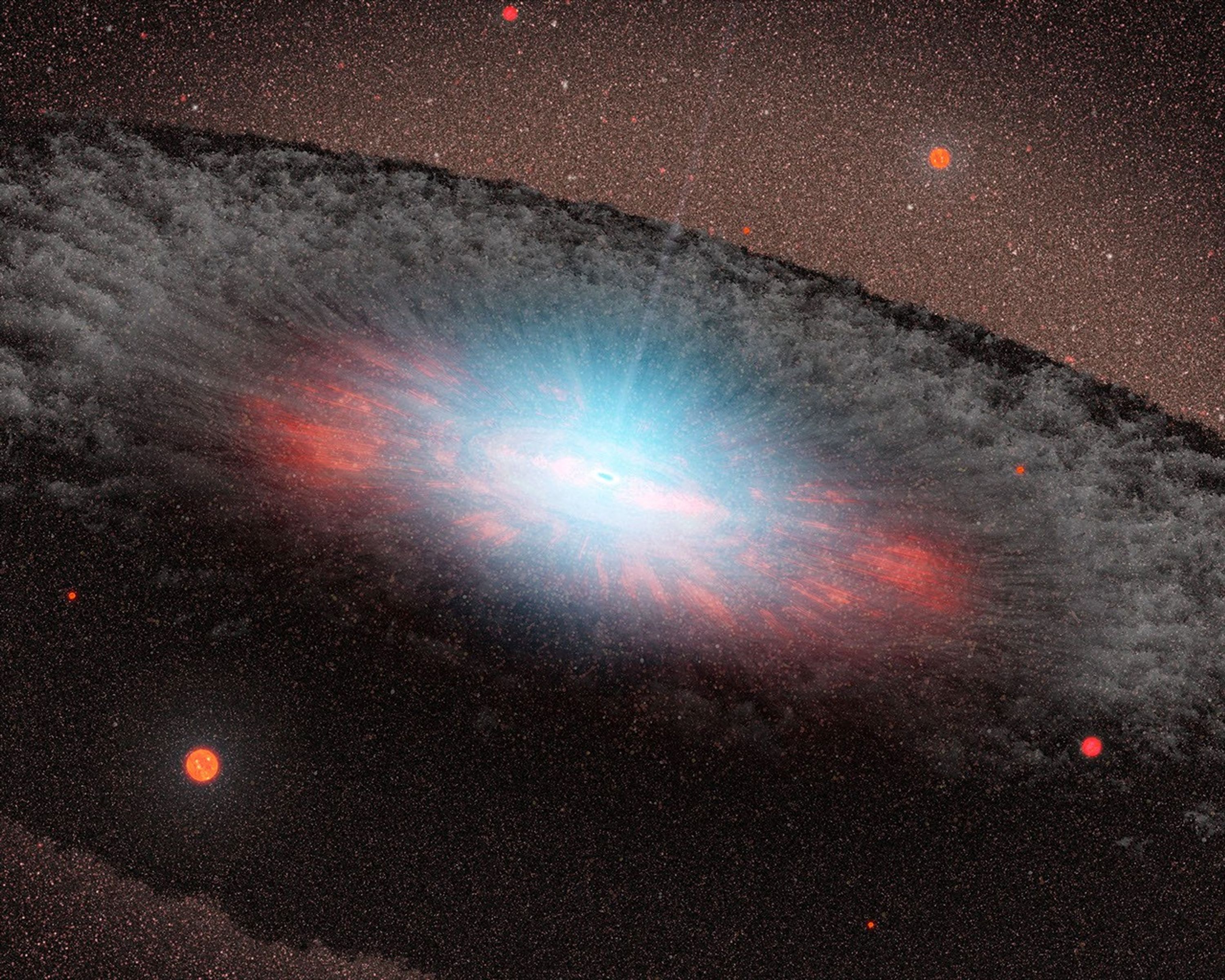This artist's concept depicts a supermassive black hole at the center of a galaxy. NASA's Galaxy Evolution Explorer found evidence that black holes (once they grow to a critical size) stifle the formation of new stars in elliptical galaxies.