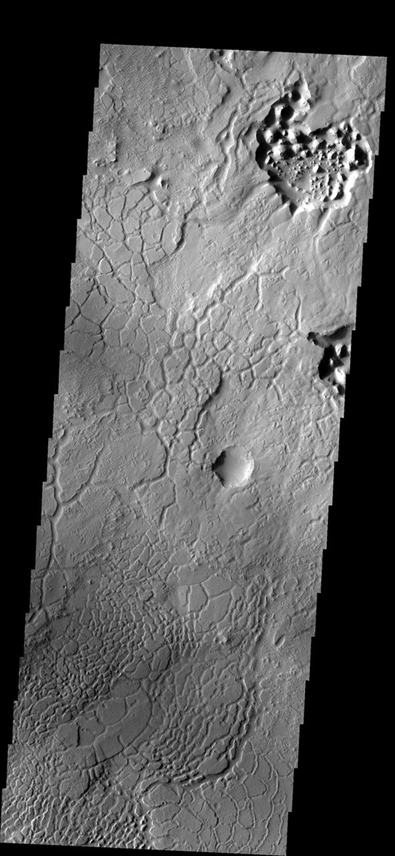This region of arcuate fractures and chaos development on the highland/lowland boundary is called Avernus Colles on Mars as seen by NASA's Mars Odyssey spacecraft.
