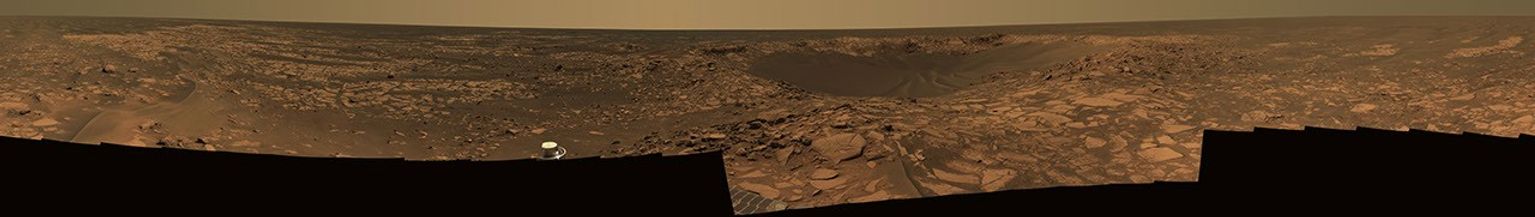 This 360-degree view taken in August, 2006, shows Opportunity's last stop on surface of Meridiani Planum. At center of the mosaic is 'Beagle Crater,' an impact crater. Opportunity's tracks are visible approaching the crater.