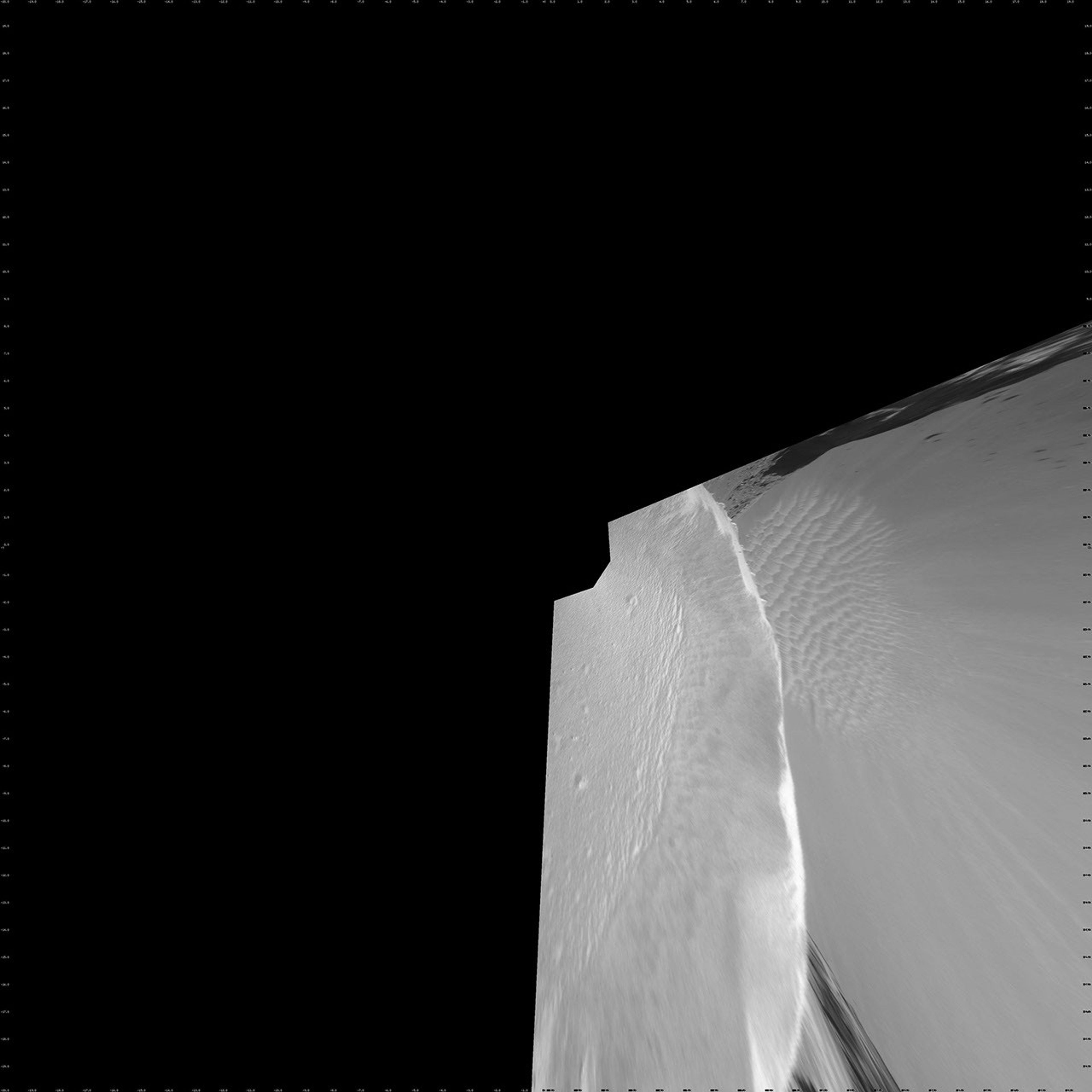 NASA's Mars rover Opportunity reached the rim of Victoria Crater in Mars' Meridiani Planum region on Sept. 26, 2006. The rim of the crater shows alternating promontories, rocky points while the bottom is covered by sand that has been shaped into ripples.