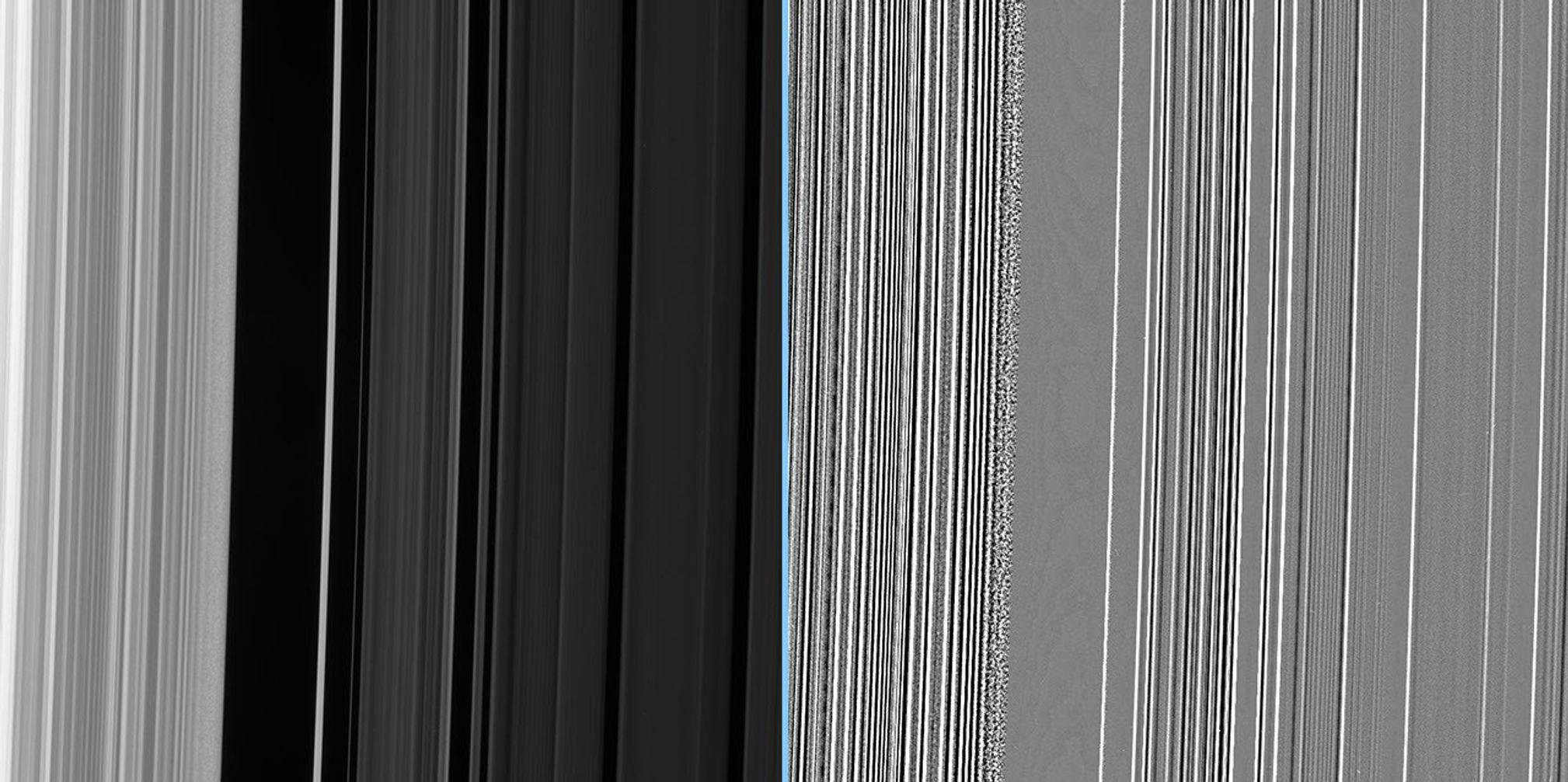 An extreme enhancement of the original image, presented at right, reveals the grainy region with greater clarity as seen by NASA's Cassini spacecraft.