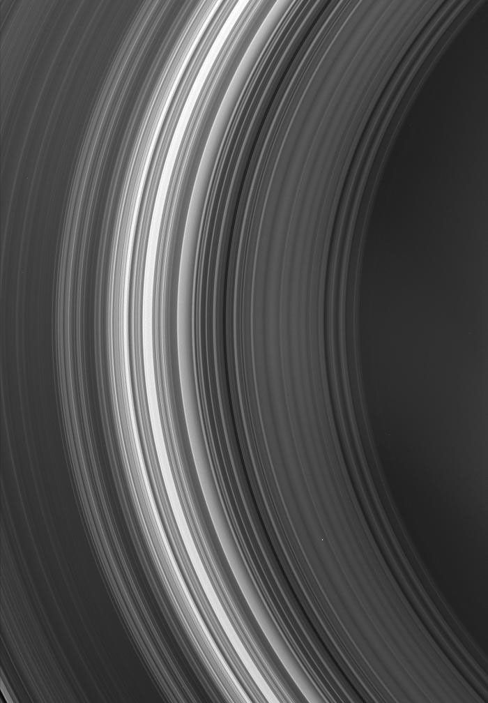 NASA's Cassini spacecraft looks toward the innermost region of Saturn's rings, capturing (from right to left) the C and B rings. The dark, inner edge of the Cassini Division is just visible in the lower left corner.