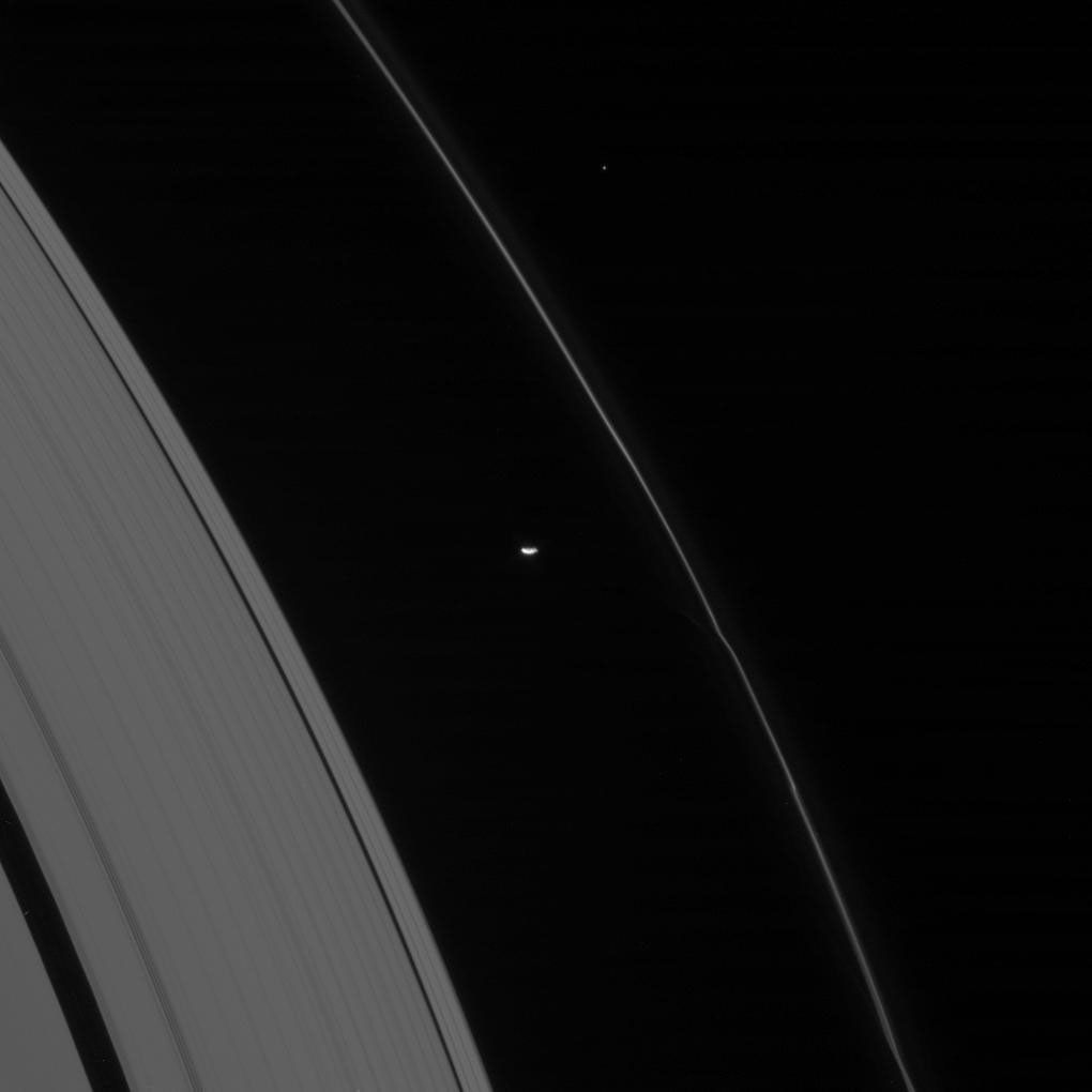 The oblong form of Saturn's shepherd moon Prometheus glides by, trailing behind it wiggles in Saturn's ribbon-like F ring as seen by NASA's Cassini spacecraft.