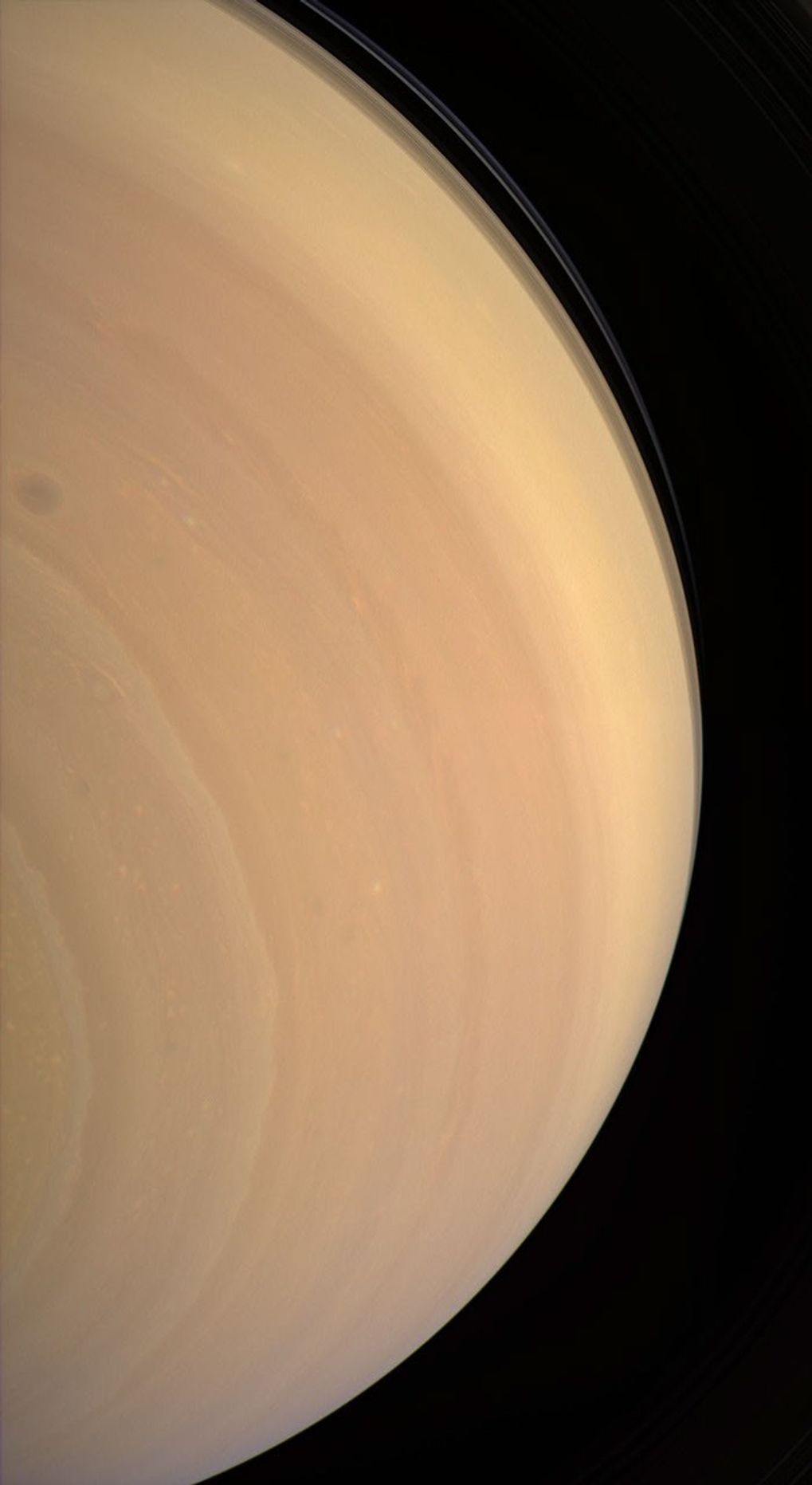 NASA's Cassini spacecraft gazes upward at the face of giant Saturn, seeing beyond the equator to where ring shadows fall across the bluish northern latitudes.