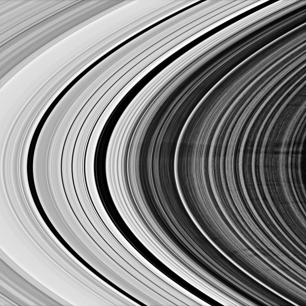This view from NASA'sCassini spacecraft shows a group of more than a dozen spokes in Saturn's outer B ring. The B ring displays the azimuthal asymmetry, or variation with longitude around the planet, that is characteristic of the spoke-forming region