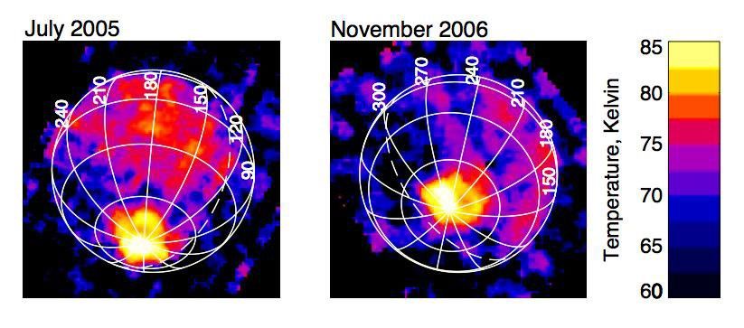 NASA's Cassini composite infrared spectrometer captured its first view of the infrared heat radiation emanating from the 'tiger stripe' fractures at the south pole of Saturn's moon Enceladus since the discovery of the hot spot 16 months earlier.