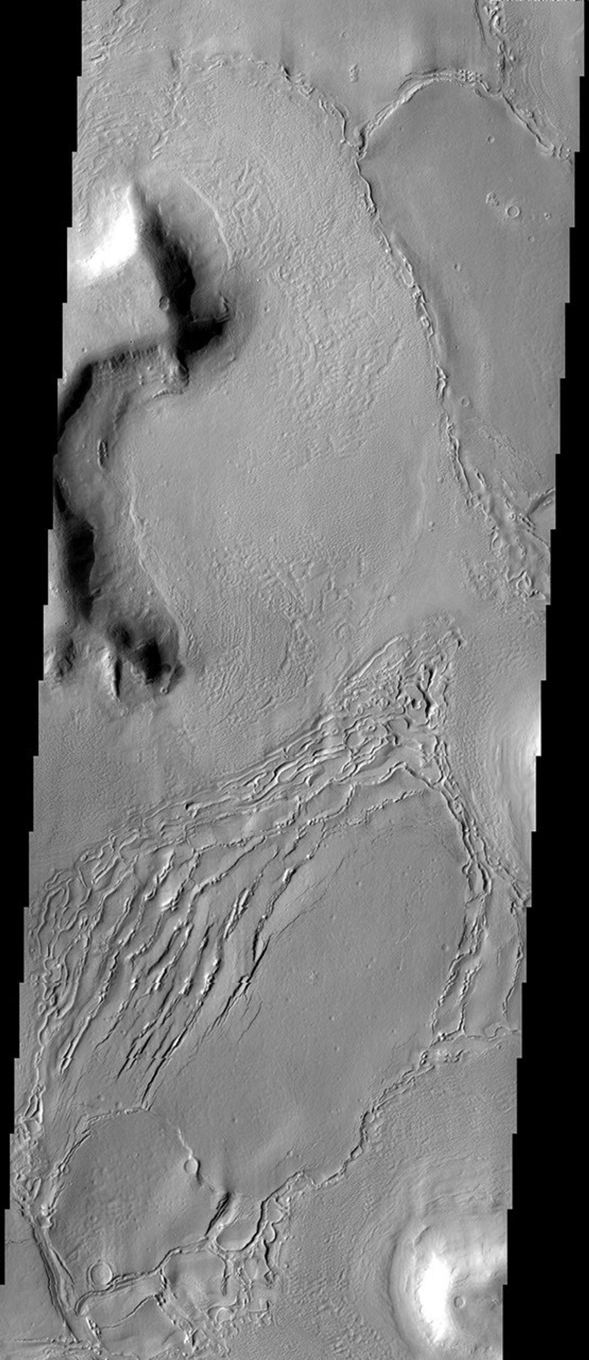 This image from NASA's 2001 Mars Odyssey shows part of one of the many mesas that comprise Deuteronilus Mensae as well as the surrounding debris slope and plains surface.