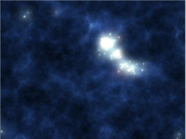 This artist's concept illustrates the universe's early years, from its explosive formation to its dark ages to its first stars and mini-galaxies. Scientists using NASA's Spitzer Space Telescope found patches of infrared light splattered across the sky.