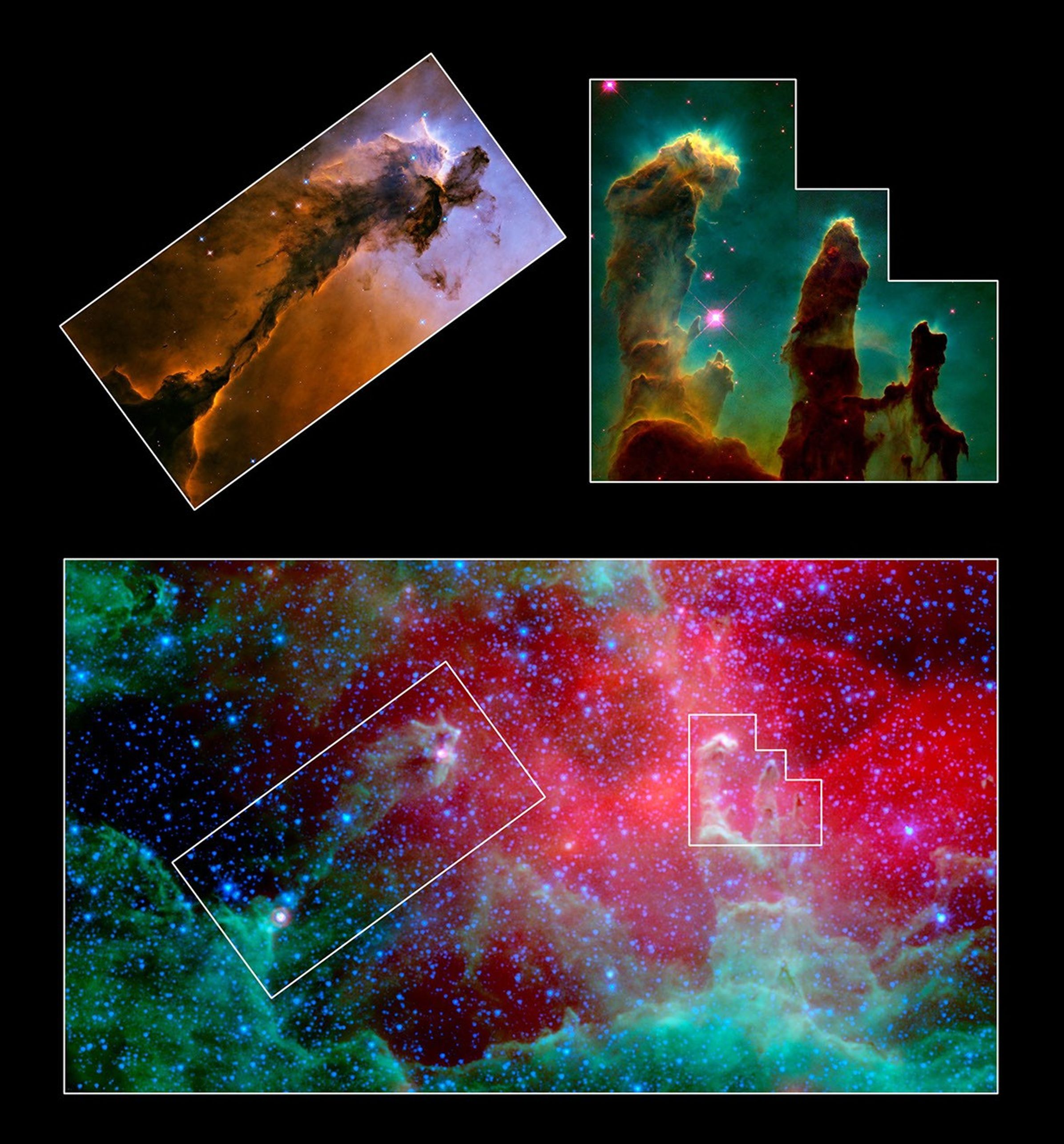 This image composite highlights the pillars of the Eagle nebula, as seen in infrared light by NASA's Spitzer Space Telescope (bottom) and visible light by NASA's Hubble Space Telescope (top insets).
