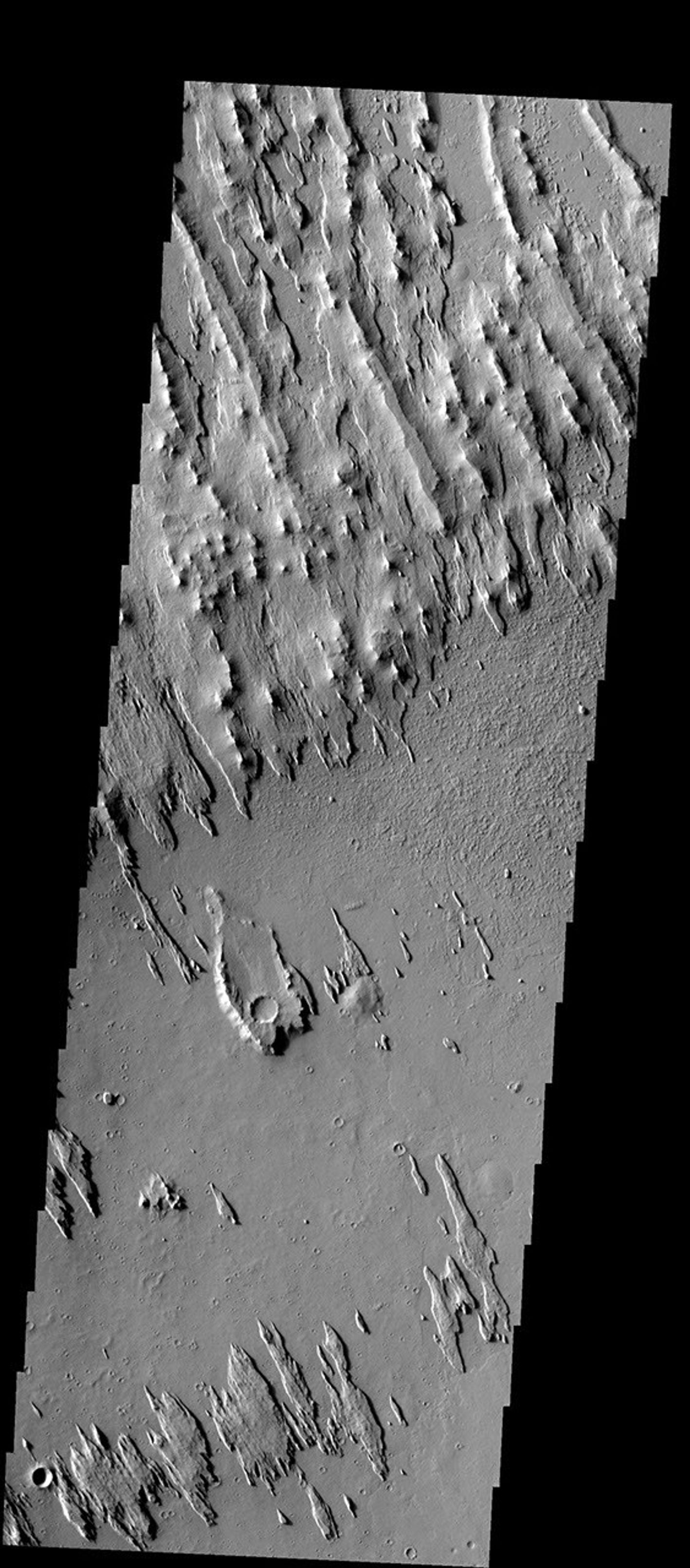 These yardangs - wind eroded ridges - are part of Eumenides Dorsum on Mars as seen by NASA's 2001 Mars Odyssey spacecraft.