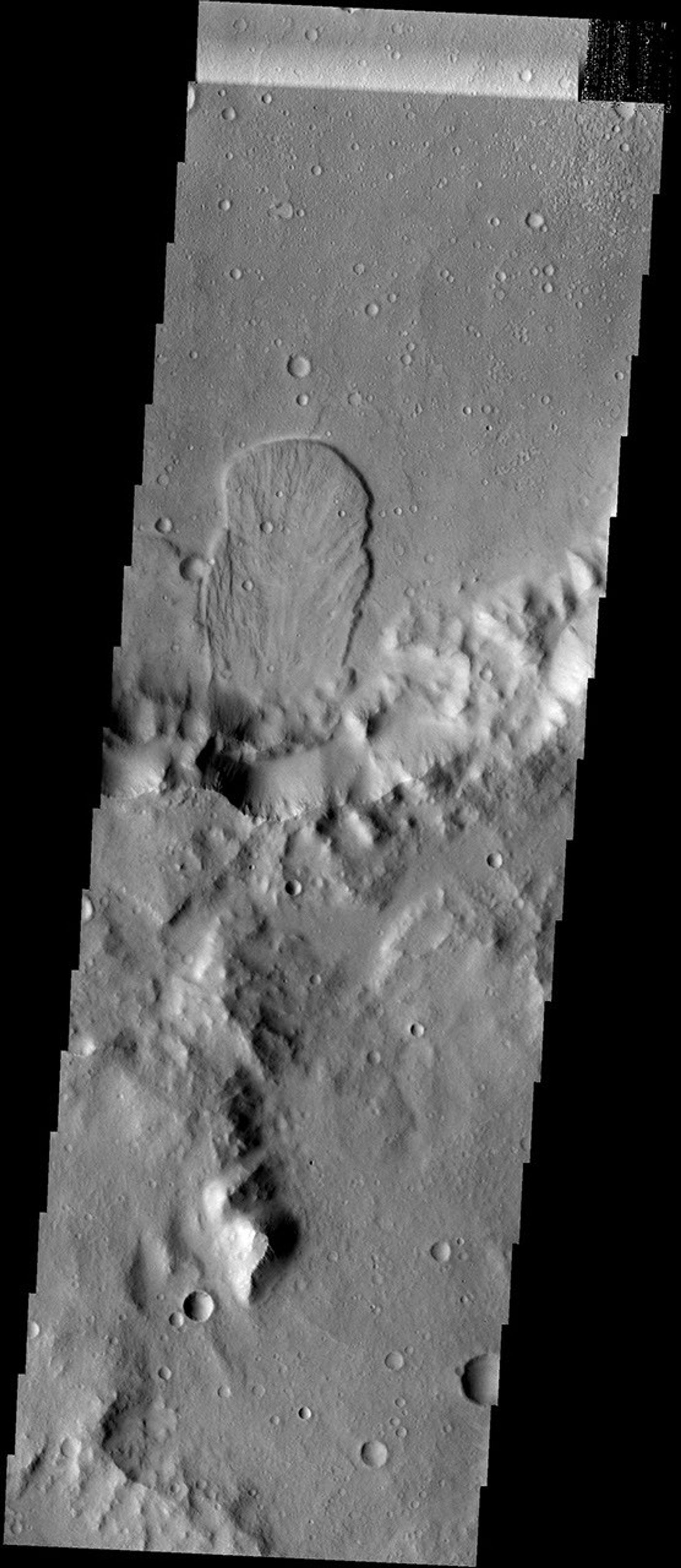 This landslide is located in an unnamed crater in Tyrrhena Terra on Mars as seen by NASA's Mars Odyssey spacecraft.